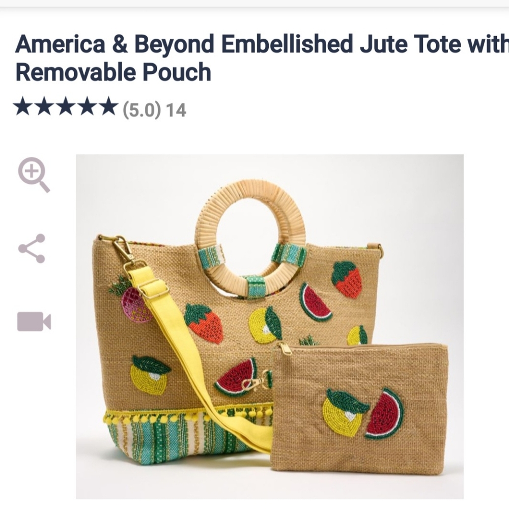 America & Beyond Embellished Jute Tote withRemovable Pouch
